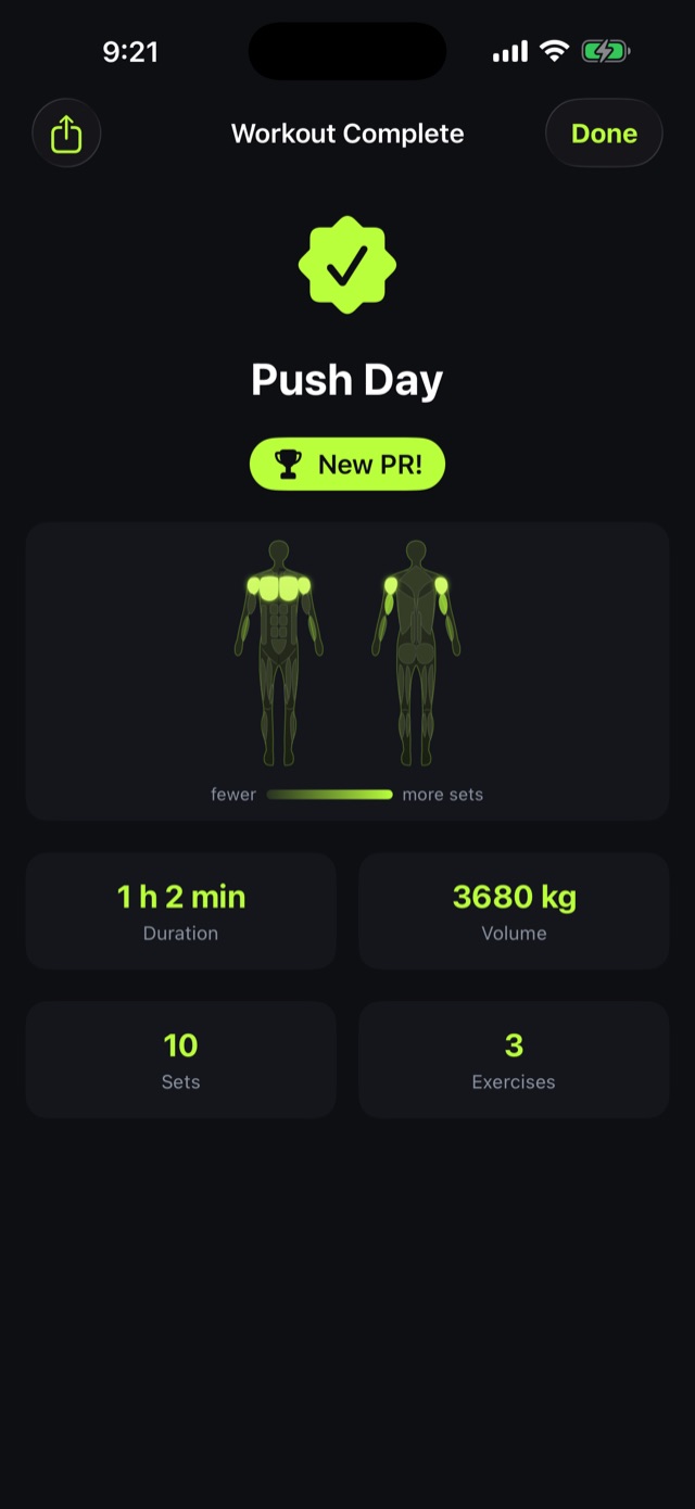 GymGymA on iPhone: the workout summary for Pull Day, showing a New PR badge, a muscle heat-map silhouette, and duration, volume, sets and exercises.