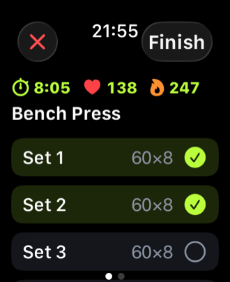 GymGymA on Apple Watch: the same workout with elapsed time, live heart rate and calories.